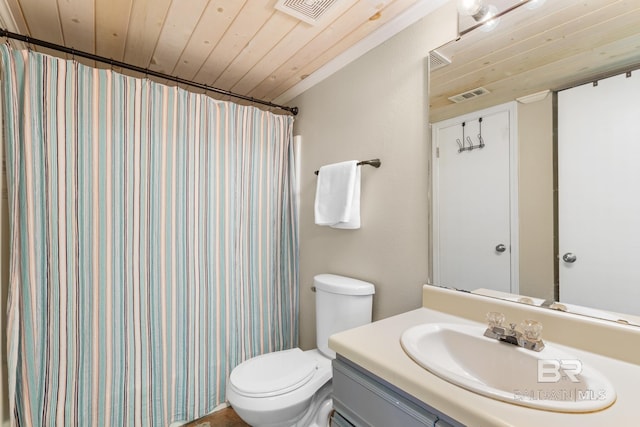 bathroom with toilet, a shower with curtain, vanity, and wooden ceiling