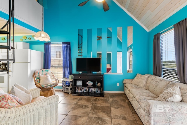 living room featuring wooden ceiling, ceiling fan, high vaulted ceiling, and ornamental molding