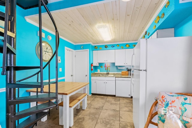 kitchen with crown molding, wood ceiling, sink, white cabinets, and white appliances