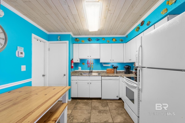 kitchen featuring wooden ceiling, white cabinetry, sink, white appliances, and crown molding