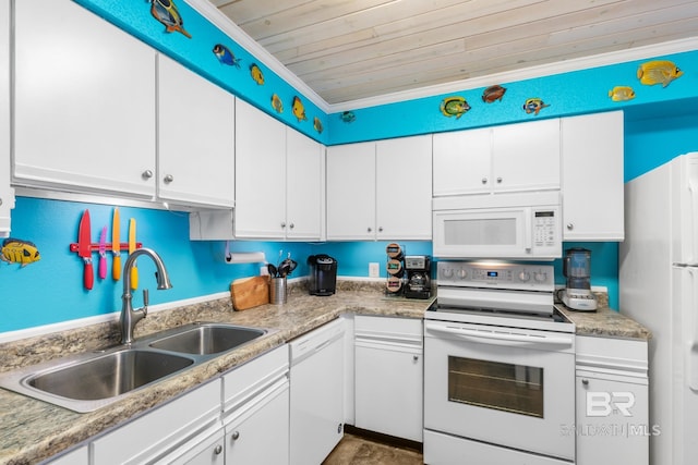 kitchen featuring white cabinets, sink, wooden ceiling, ornamental molding, and white appliances