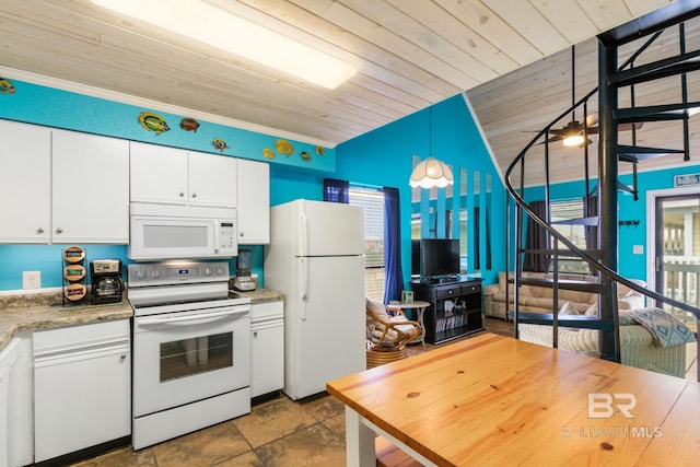 kitchen with white cabinetry, a healthy amount of sunlight, hanging light fixtures, white appliances, and wood ceiling