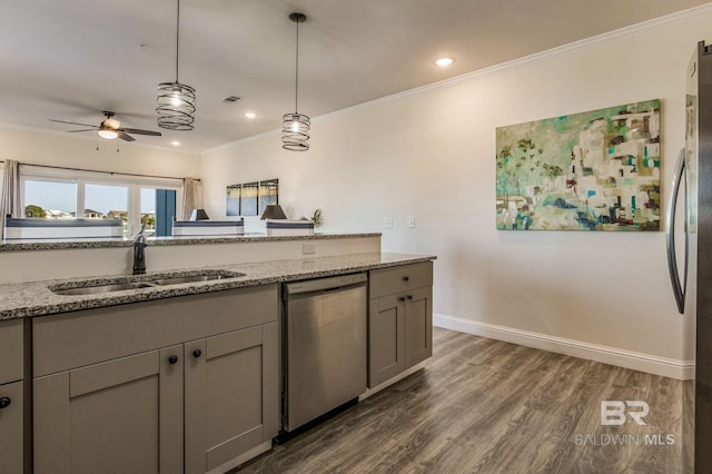 kitchen with light stone countertops, dishwasher, dark hardwood / wood-style floors, gray cabinets, and sink