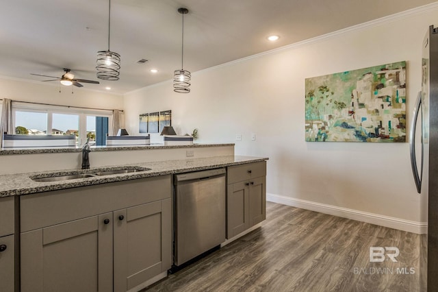 17290 Perdido Key Dr Unit A1, Pensacola, FL 32507 - kitchen with appliances with stainless steel finishes, a ceiling fan, gray cabinetry, and a sink