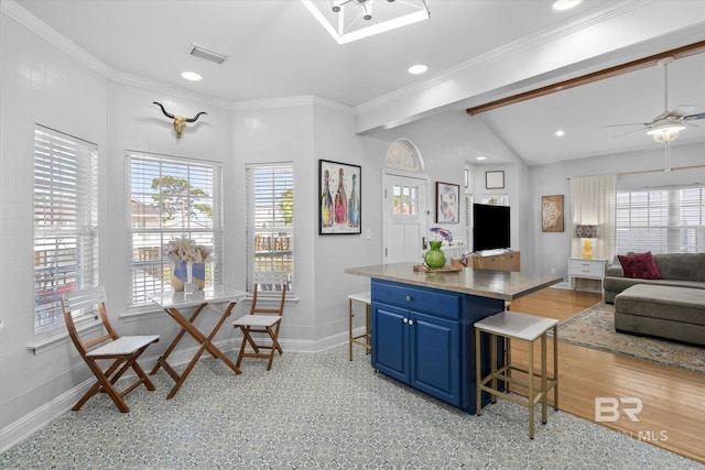 5570 Bay La Launch Ave, Orange Beach, AL 36561 - kitchen with blue cabinets, baseboards, a breakfast bar, open floor plan, and ceiling fan