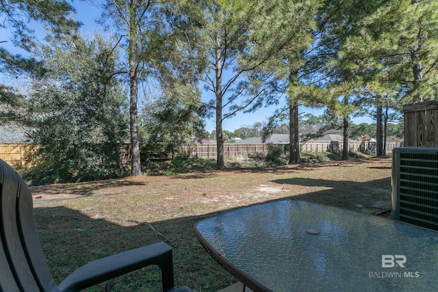 view of yard with central AC unit and a fenced backyard