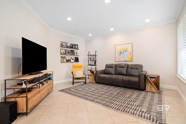 tiled living room with ornamental molding