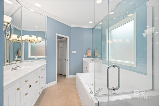 bathroom featuring vanity, crown molding, tile patterned floors, and a tub