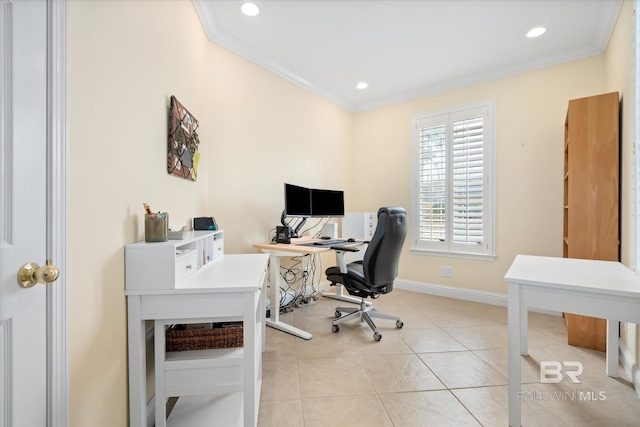 tiled office space featuring crown molding