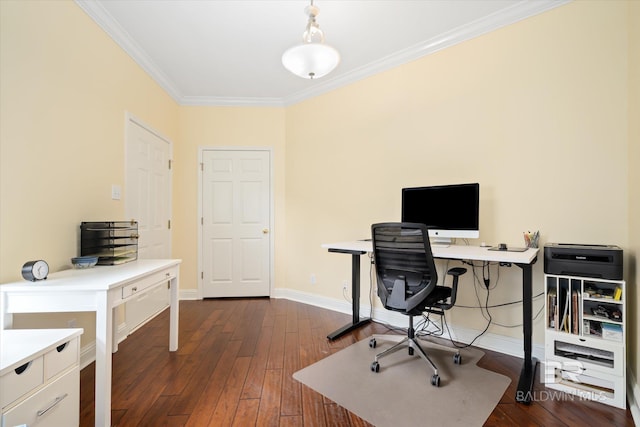 home office with crown molding and dark hardwood / wood-style flooring