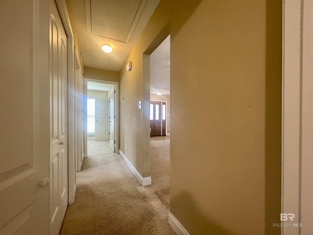 8185 Savage Loop, Theodore, AL 36582 - hallway featuring attic access and light carpet