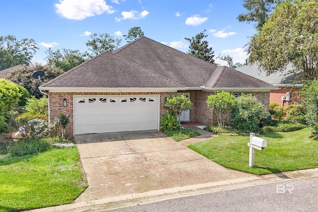 view of front of house with a front yard and a garage