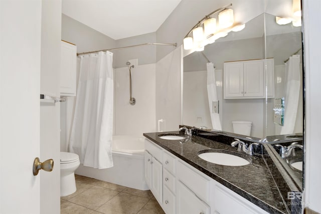 full bathroom featuring shower / tub combo with curtain, vanity, toilet, and tile patterned flooring