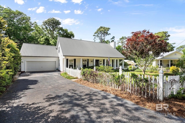 view of front of home with driveway, a porch, metal roof, a garage, and fence private yard