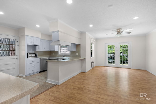 kitchen featuring plenty of natural light, a peninsula, appliances with stainless steel finishes, and light wood-type flooring