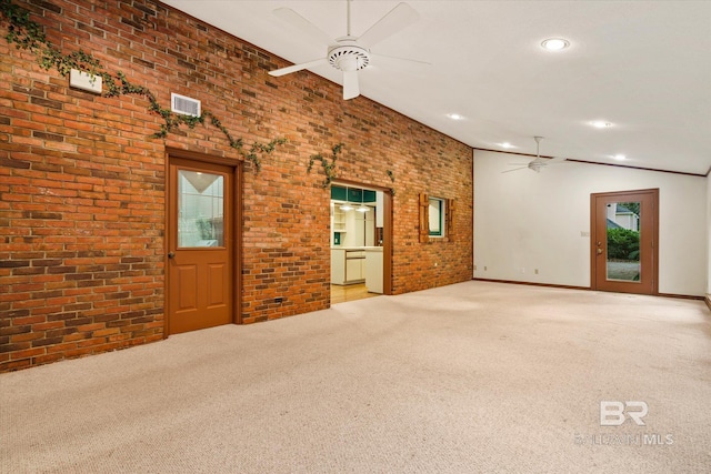 3761 Winford Rd, Mobile, AL 36619 - carpeted empty room with visible vents, recessed lighting, brick wall, and a ceiling fan