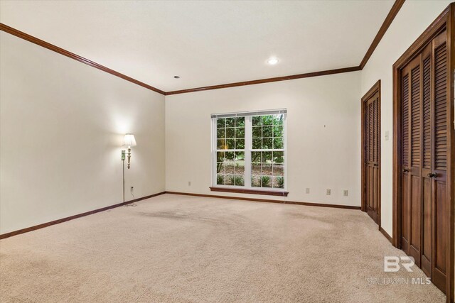 unfurnished bedroom with two closets, crown molding, and light carpet