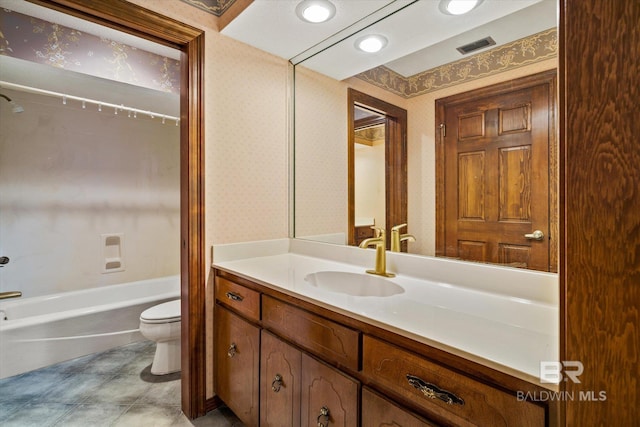 3761 Winford Rd, Mobile, AL 36619 - full bath featuring vanity, toilet, wallpapered walls, tile patterned floors, and visible vents