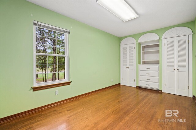 unfurnished bedroom featuring multiple windows and hardwood / wood-style flooring