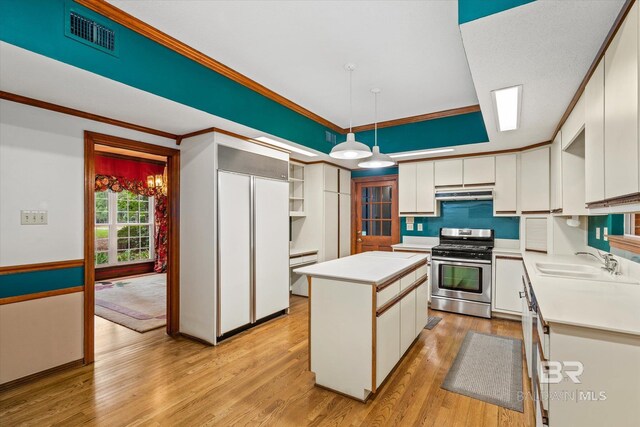 kitchen with white cabinetry, paneled built in refrigerator, stainless steel gas range oven, and sink