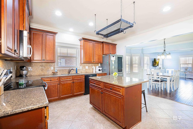 8856 Asphodel Ln, Daphne, AL 36526 - kitchen featuring dishwasher, range, ornamental molding, freestanding refrigerator, and light tile patterned floors