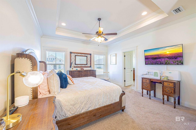 8856 Asphodel Ln, Daphne, AL 36526 - bedroom featuring crown molding, a raised ceiling, light carpet, recessed lighting, and ceiling fan