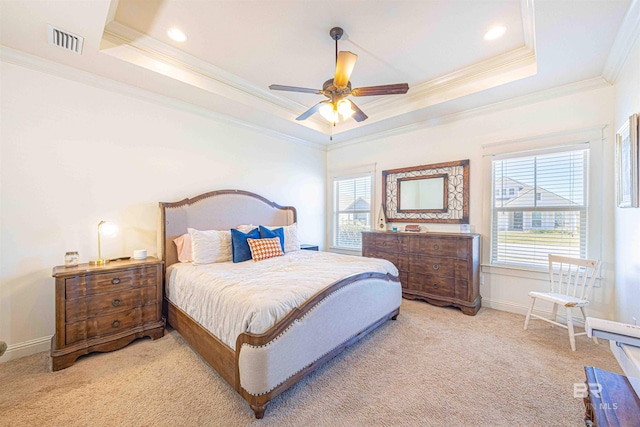 8856 Asphodel Ln, Daphne, AL 36526 - bedroom with a tray ceiling, light colored carpet, ornamental molding, and a ceiling fan