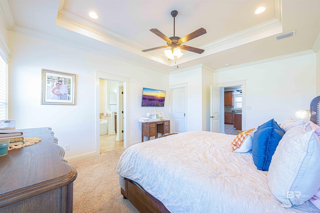 8856 Asphodel Ln, Daphne, AL 36526 - carpeted bedroom featuring a raised ceiling, ornamental molding, connected bathroom, recessed lighting, and a ceiling fan