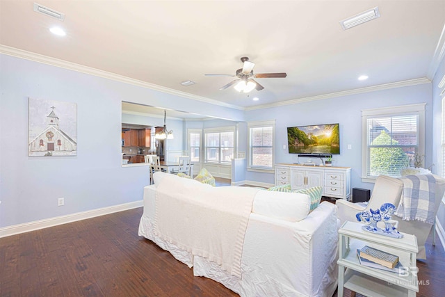 8856 Asphodel Ln, Daphne, AL 36526 - living room with a ceiling fan, healthy amount of natural light, dark wood-type flooring, ornamental molding, and recessed lighting