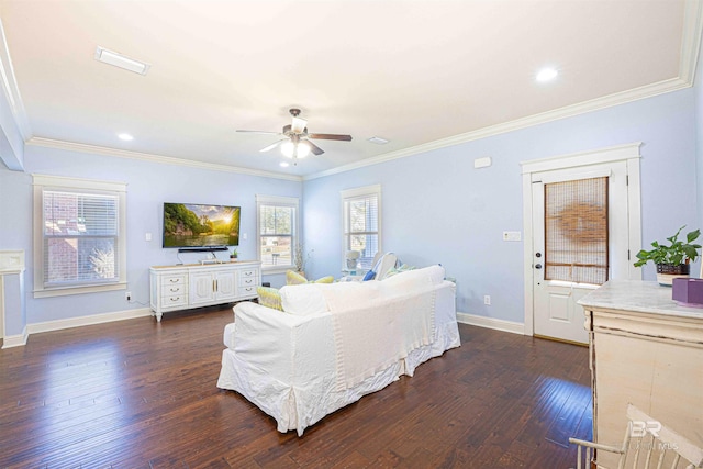 8856 Asphodel Ln, Daphne, AL 36526 - living room featuring ceiling fan, dark wood-type flooring, crown molding, and recessed lighting