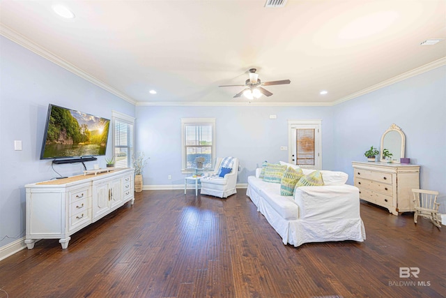 8856 Asphodel Ln, Daphne, AL 36526 - living room featuring a ceiling fan, dark wood-style floors, crown molding, and recessed lighting