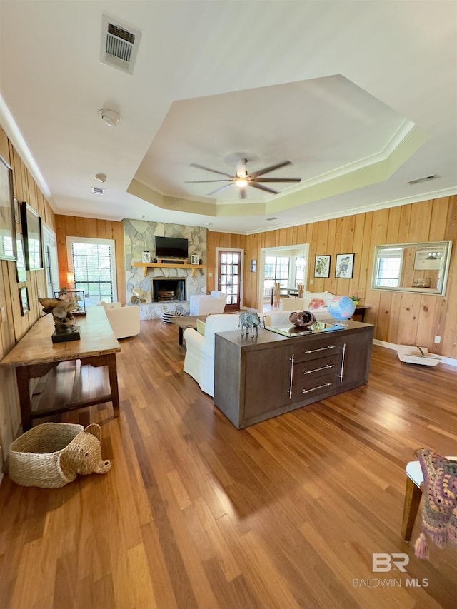 51600 State Highway 59, Bay Minette, AL 36507 - living room featuring a raised ceiling, plenty of natural light, a fireplace, wood walls, and wood finished floors