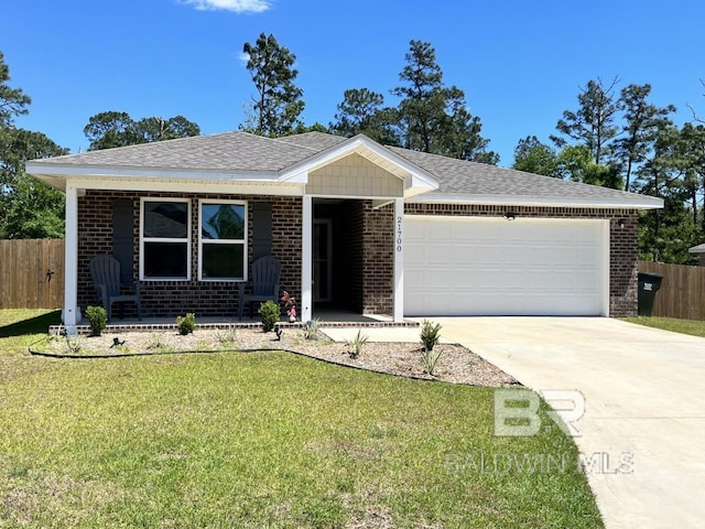 ranch-style home with fence, a garage, brick siding, and concrete driveway