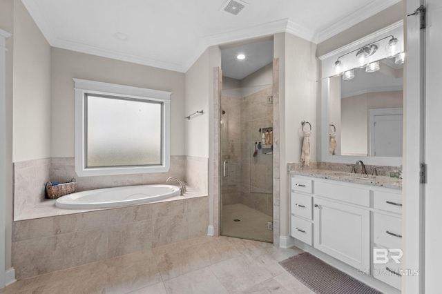 bathroom featuring vanity, ornamental molding, and separate shower and tub