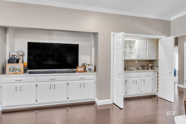 607 Wedgewood Dr, Gulf Shores, AL 36542 - living area with crown molding, baseboards, dark wood-style floors, and wet bar