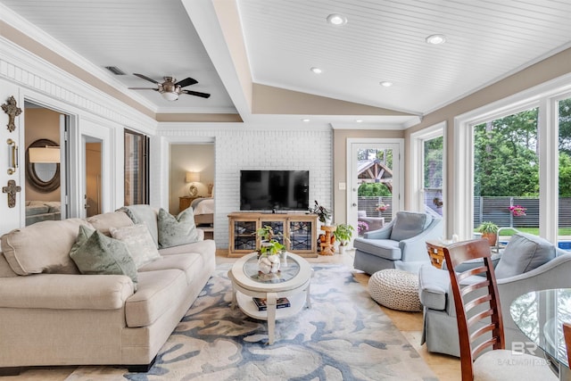 607 Wedgewood Dr, Gulf Shores, AL 36542 - living room with vaulted ceiling, recessed lighting, ornamental molding, a ceiling fan, and light wood-style flooring