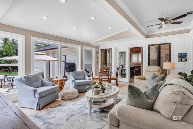 607 Wedgewood Dr, Gulf Shores, AL 36542 - living room with ornamental molding, ceiling fan, lofted ceiling, and recessed lighting