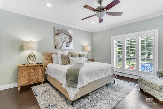 607 Wedgewood Dr, Gulf Shores, AL 36542 - bedroom featuring crown molding, baseboards, recessed lighting, dark wood-type flooring, and ceiling fan