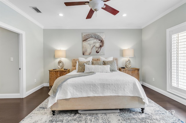 607 Wedgewood Dr, Gulf Shores, AL 36542 - bedroom with dark wood-type flooring, baseboards, crown molding, multiple windows, and recessed lighting