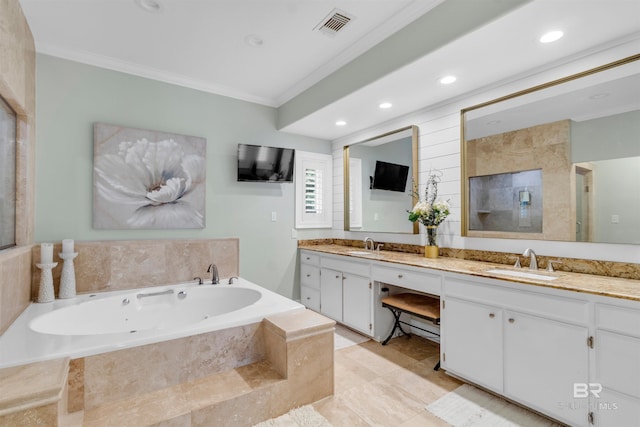 607 Wedgewood Dr, Gulf Shores, AL 36542 - bathroom with ornamental molding, double vanity, a whirlpool tub, and recessed lighting