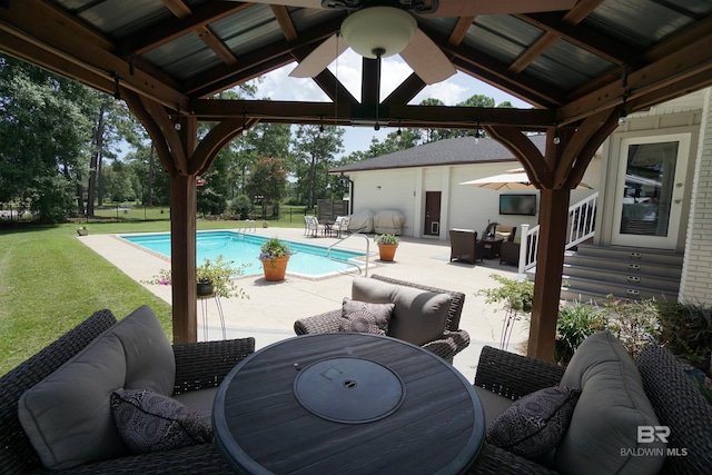 607 Wedgewood Dr, Gulf Shores, AL 36542 - swimming pool featuring a gazebo, a yard, a patio area, entry steps, and a ceiling fan