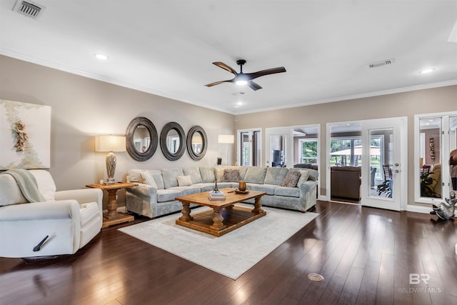 607 Wedgewood Dr, Gulf Shores, AL 36542 - living area with ceiling fan, ornamental molding, dark wood finished floors, recessed lighting, and baseboards
