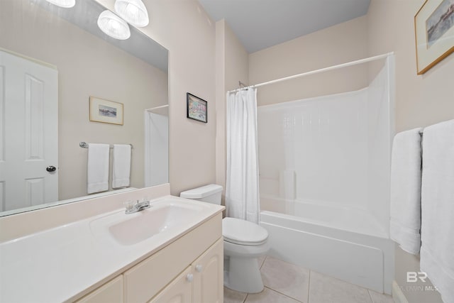 full bathroom with vanity, tile patterned floors, toilet, and shower / tub combo with curtain