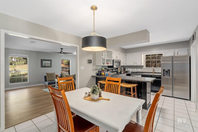 dining room with ceiling fan and light hardwood / wood-style floors