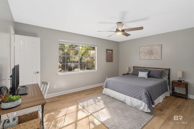 bedroom featuring ceiling fan and light hardwood / wood-style flooring