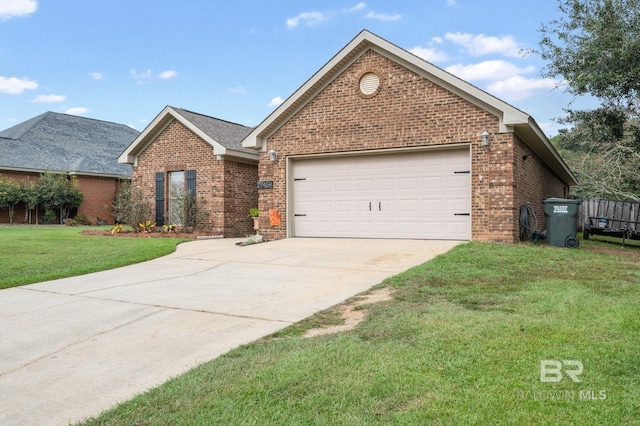 view of front of property with a front lawn and a garage