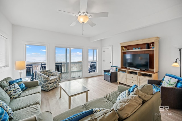 living room featuring light hardwood / wood-style floors and ceiling fan