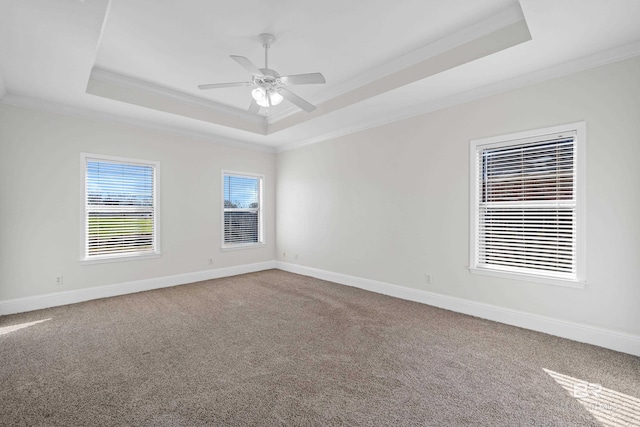 carpeted empty room featuring a raised ceiling, ceiling fan, and ornamental molding