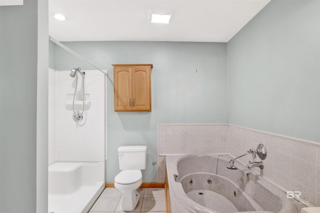 full bath with tile patterned floors, a whirlpool tub, toilet, and a shower