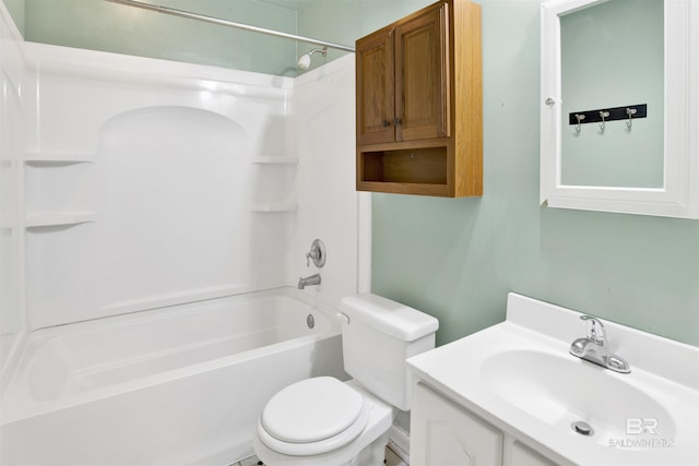 bathroom with toilet, tub / shower combination, and vanity